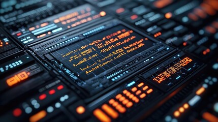 Aufkleber - Cybersecurity protection in cyberspace and computing concept. Futuristic control panel with glowing buttons and screens.