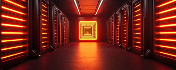 Poster - Cybersecurity database computing and data protection concept. Futuristic corridor with neon lights and data storage units.
