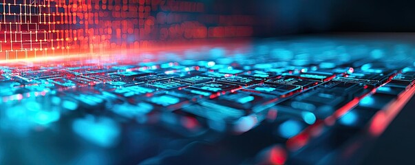Poster - Cybersecurity data protection in database computing concept. Illuminated laptop keyboard with digital design elements.