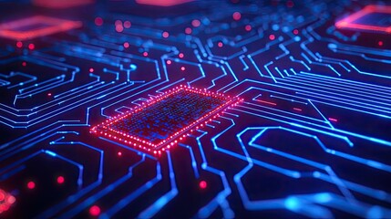 Poster - Cybersecurity database computing and data protection concept. Close-up view of a vibrant, illuminated circuit board design.
