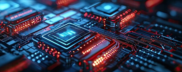 Poster - Cybersecurity protection in cyberspace and computing concept. Close-up view of a high-tech microchip circuit board.