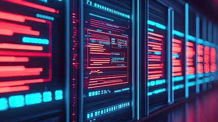 Poster - Cybersecurity protection in cyberspace and computing concept. Futuristic server room with glowing screens and data flow.