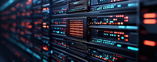 Poster - Cybersecurity protection in cyberspace and computing concept. Close-up view of server racks in a modern data center environment.
