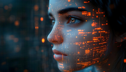Poster - Glowing, abstract patterns overlay the face of a serene, young woman looking towards the future in a digital, technological ambience