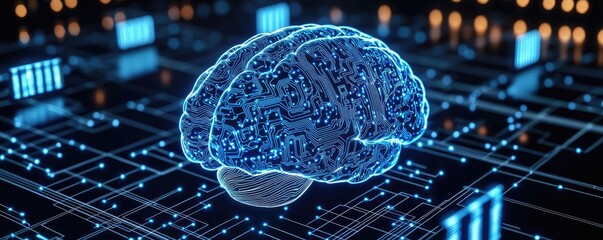 Poster - Artificial intelligence data circuit in cyberspace computing concept. Futuristic digital brain illustration with circuit background.