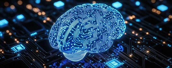 Poster - Artificial intelligence data circuit in cyberspace computing concept. Digital brain on microchip, symbolizing advanced technology.