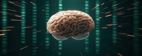 Poster - Artificial intelligence database in cyberspace circuit concept. 3D rendering of a brain surrounded by digital elements.