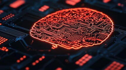 Poster - Artificial intelligence database in cyberspace circuit concept. Illuminated circuit board shaped like a brain representing AI.
