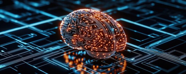 Poster - Artificial intelligence database in cyberspace circuit concept. Futuristic digital brain with glowing circuitry on a dark backdrop.