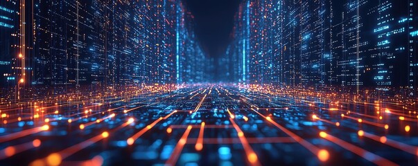 Poster - Artificial intelligence database in cyberspace circuit concept. Futuristic digital landscape with glowing data streams and networks.
