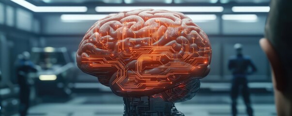 Poster - Artificial intelligence database and future computing concept. Illustration of a glowing brain model in a futuristic laboratory.