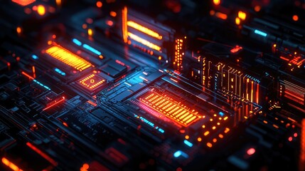 Poster - Artificial intelligence database and future computing concept. Futuristic circuit board glowing with vibrant neon lights.