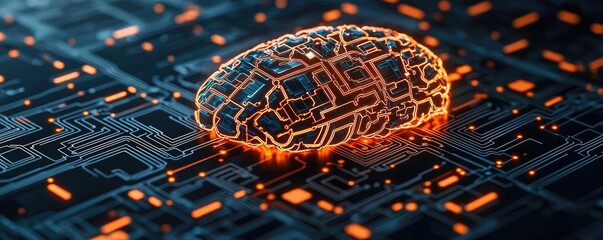 Poster - Artificial intelligence database in cyberspace circuit concept. Futuristic brain concept with circuits and glowing elements.
