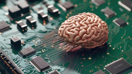 Aufkleber - Artificial intelligence database in cyberspace circuit concept. A human brain on a circuit board, symbolizing artificial intelligence.