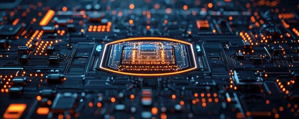 Poster - Artificial intelligence database and future computing concept. Close-up view of a modern circuit board with vibrant lights.