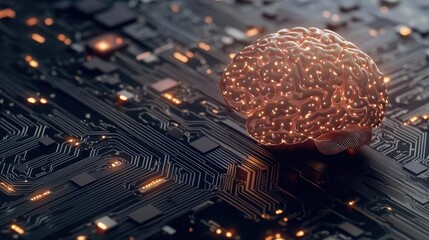 Poster - Artificial intelligence database and future computing concept. Abstract representation of a brain on a circuit board.
