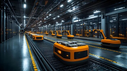 Poster - Futuristic warehouse with robotic arms and conveyor belts enabling seamless business distribution