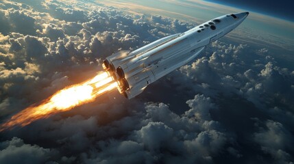 Poster - A hypersonic spaceplane ascends through a dense cloud layer during a launch event, showcasing powerful propulsion systems. The sky is partially illuminated, reflecting the energy of the ascent.