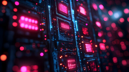 Poster - Close-up shows interconnected modules with red and blue lights, highlighting complexity and modern design against a blurred backdrop