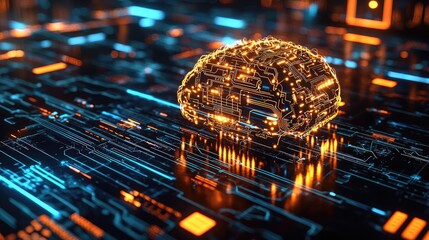 Poster - Artificial intelligence database and future computing concept. Illustration of a glowing brain on a digital circuit background.