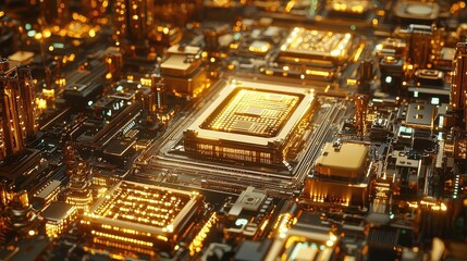 Aufkleber - Artificial intelligence database in cyberspace circuit concept. A stunning close-up of a glowing microchip circuit board.