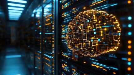 Poster - Artificial intelligence database and future computing concept. Abstract representation of neural networks in a server room.
