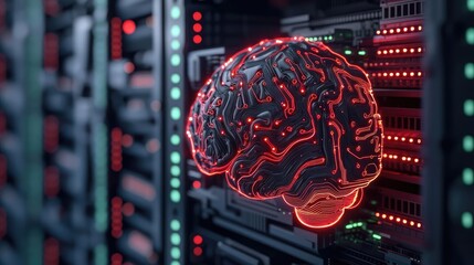 Poster - Artificial intelligence database in cyberspace circuit concept. Futuristic brain design on server background representing AI.