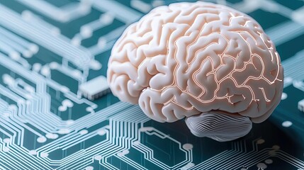 Poster - Artificial intelligence database and future computing concept. A close-up view of a brain on a circuit board background.