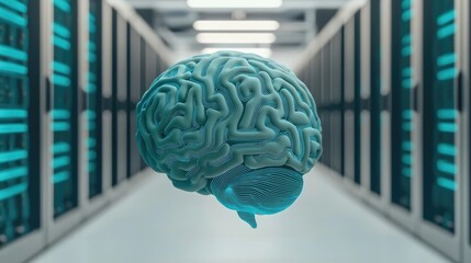 Poster - Artificial intelligence database and future computing concept. 3D illustration of a brain floating in a data center environment.