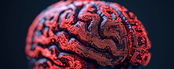 Poster - Artificial intelligence data circuit in cyberspace computing concept. Close-up view of a red brain model highlighting intricate details.