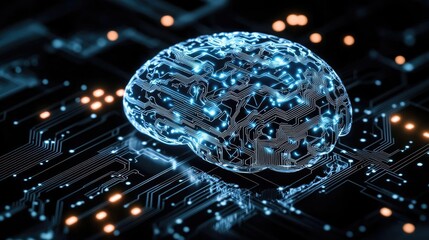 Poster - Artificial intelligence data circuit in cyberspace computing concept. A futuristic brain with glowing circuitry on a microchip.