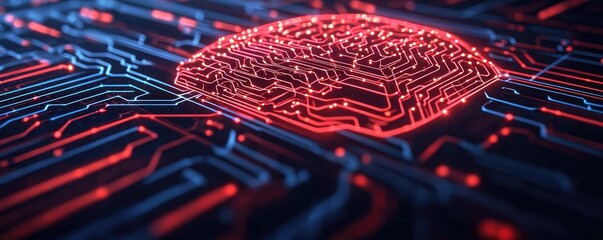 Poster - Artificial intelligence data circuit in cyberspace computing concept. A vibrant circuit board with glowing red and blue patterns.