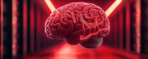 Poster - Artificial intelligence database in cyberspace circuit concept. Futuristic representation of a brain in red neon lighting.