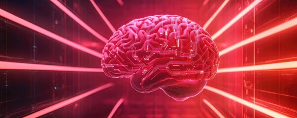 Poster - Artificial intelligence database in cyberspace circuit concept. A vivid representation of a brain illuminated by lasers.