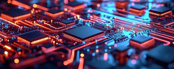 Poster - Artificial intelligence database and future computing concept. Futuristic close-up of a glowing circuit board with intricate details.