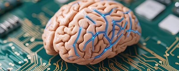 Poster - Artificial intelligence database in cyberspace circuit concept. Brain on a circuit board representing artificial intelligence.