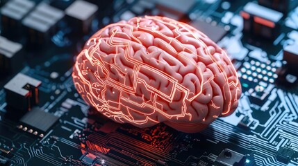 Poster - Artificial intelligence database and future computing concept. Digital brain on circuit board, symbolizing AI and innovation.
