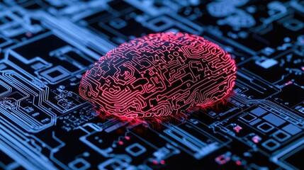 Poster - Artificial intelligence database in cyberspace circuit concept. A stylized brain shape on a circuit board background.