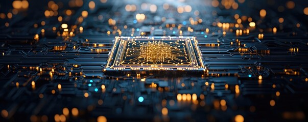 Aufkleber - Artificial intelligence database in cyberspace circuit concept. Close-up of a computer chip showcasing intricate circuitry.