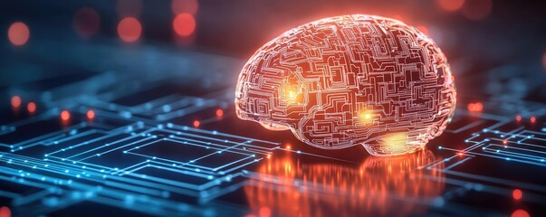 Poster - Artificial intelligence database in cyberspace circuit concept. A digital brain made of circuits and glowing connections.