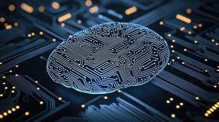 Poster - Artificial intelligence data circuit in cyberspace computing concept. Abstract illustration of a brain with circuit patterns.