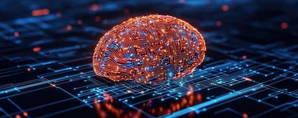 Poster - Artificial intelligence database in cyberspace circuit concept. A digital brain showcasing neural connections and data flow.