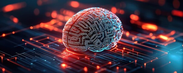 Poster - Artificial intelligence database in cyberspace circuit concept. Futuristic brain with circuit pattern on digital background.