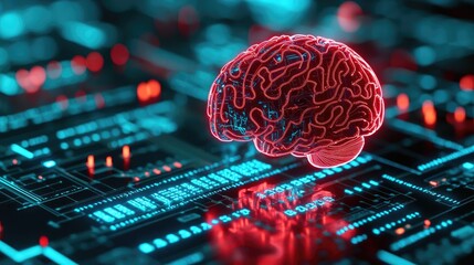 Poster - Artificial intelligence data circuit in cyberspace computing concept. A digital brain on a complex circuit background, symbolizing AI.