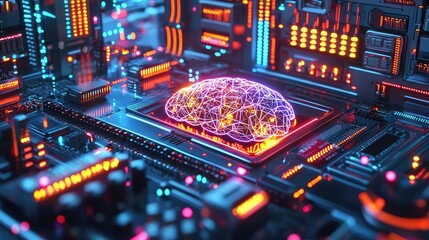 Poster - Artificial intelligence database in cyberspace circuit concept. A digital brain illuminated in a vibrant circuit board.