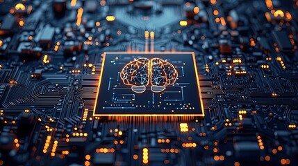 Poster - Artificial intelligence data circuit in cyberspace computing concept. Close-up view of a glowing circuit board with brain illustration.