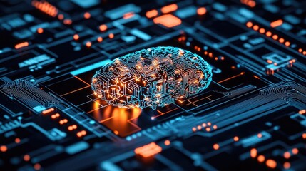 Poster - Artificial intelligence data circuit in cyberspace computing concept. A glowing digital brain model on a circuit board background.
