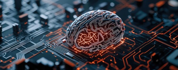 Aufkleber - Artificial intelligence database in cyberspace circuit concept. Futuristic brain on a circuit board background, symbolizing AI.