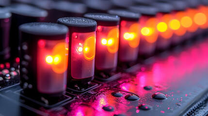 Poster - Close-up of illuminated electronic components on a circuit board, showing vibrant colors and water droplets