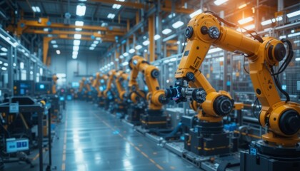 Poster - Automated robotics assembly process in high-tech manufacturing facility industrial environment detailed mechanization overview futuristic viewpoint